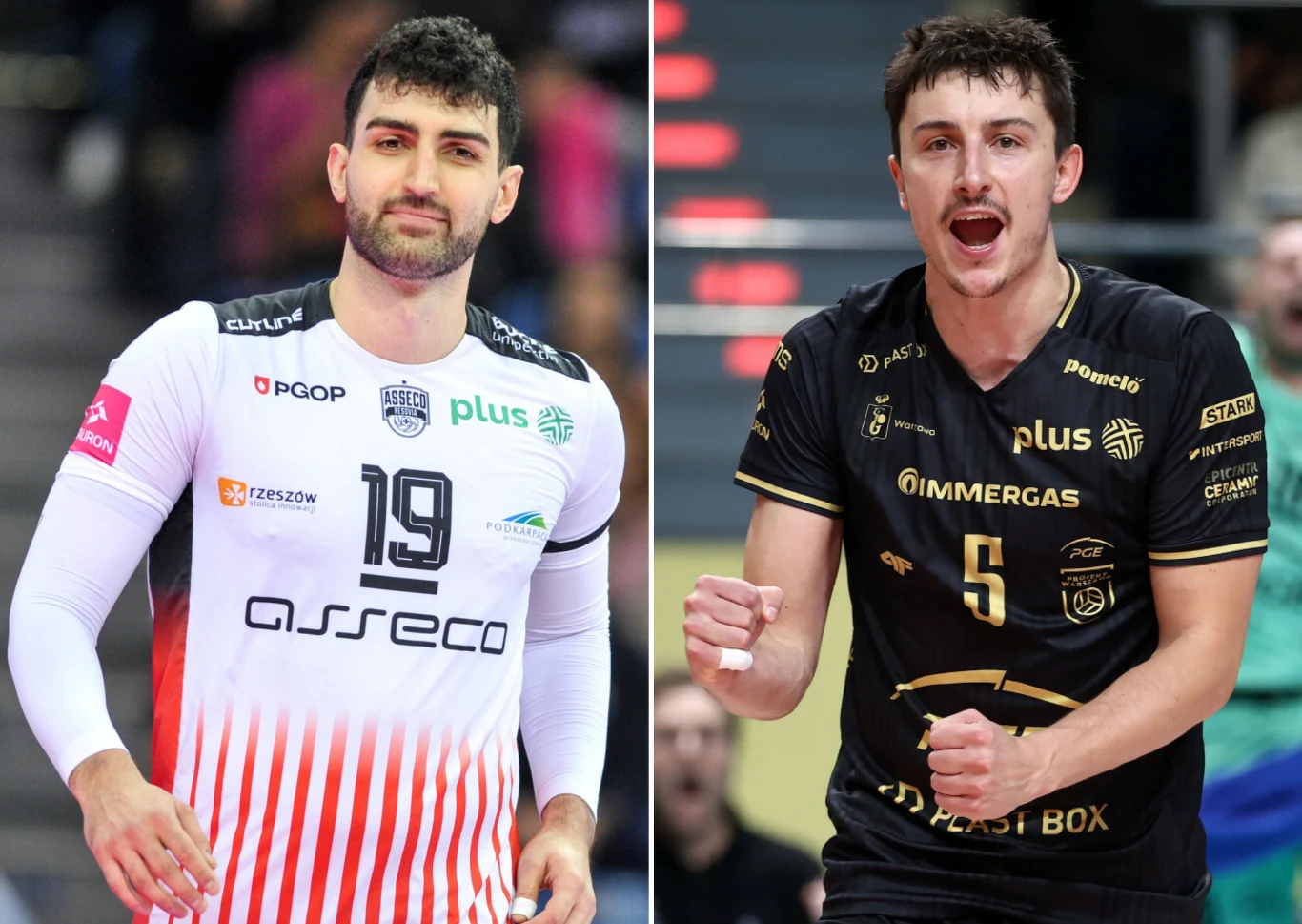 Asseco Resovia Rzeszów i PGE Projekt Warszawa dziś zaczynają walkę o ćwierćfinał Ligi Mistrzów. Na zdjęciu z lewej Marcin Janusz, z prawej Jan Firlej Marcin Janusz w białym stroju z numerem 19 i Jan Firlej w czarno-złotym stroju z numerem 5 na boisku siatkarskim.