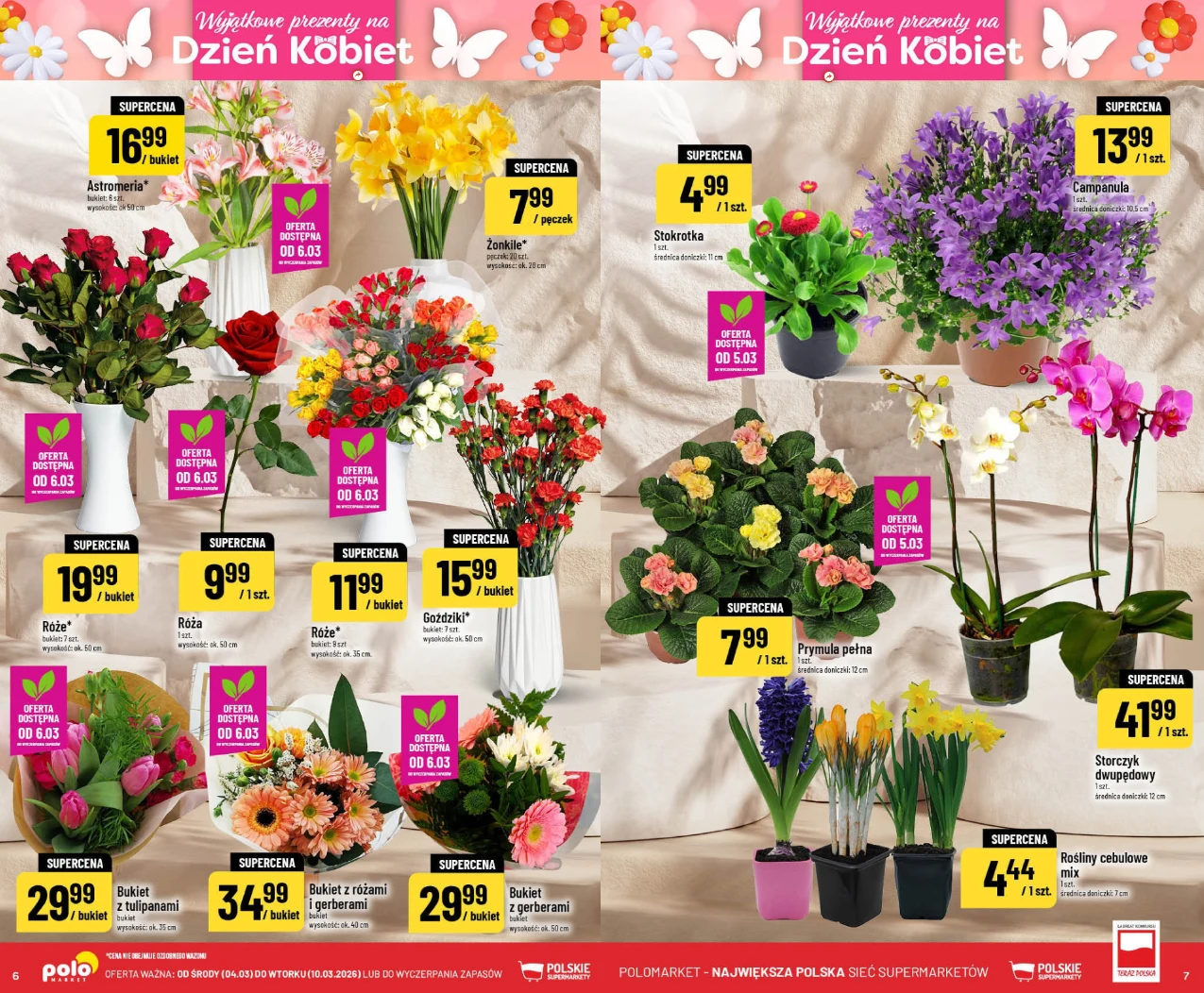 Kwiaty na Dzień Kobiet w Polomarket, źródło: gazetka Polomarket, str. 6–7 Kolorowe kompozycje kwiatów w doniczkach i bukietach, głównie storczyki, róże, żonkile i hiacynty, podkreślone etykietami z cenami i okazjonalnymi oznaczeniami z okazji Dnia Kobiet, całość na jasnym tle z dekoracjami kwiatowymi i motylami.