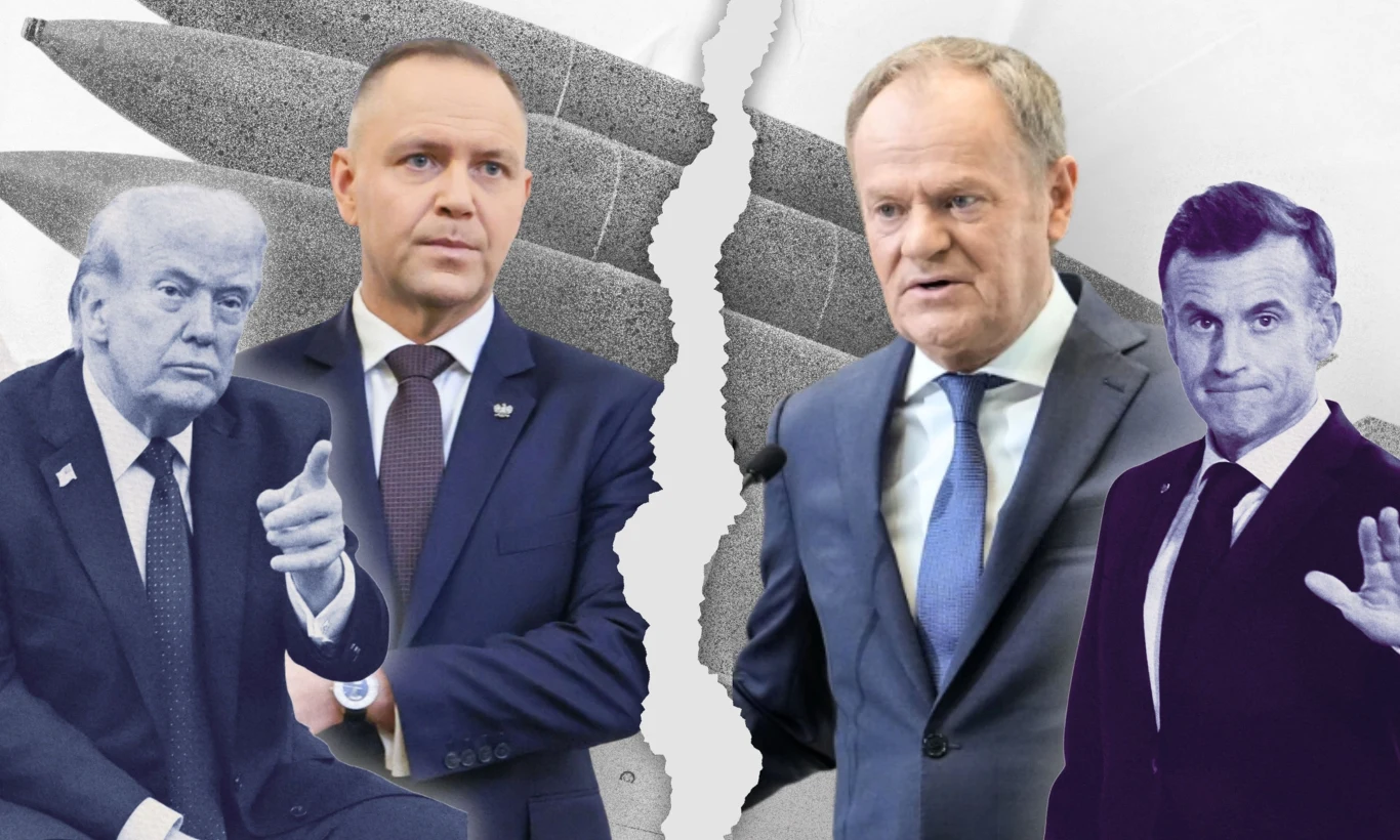 Prezydent woli z Amerykanami, rząd - z Francją. Czy da się to połączyć? Grafika: Magdalena Piasecka Karol Nawrocki z Donaldem Trumpem a po prawej Donald Tusk i Emmanuel Macron. Chodzi o program nuklearny