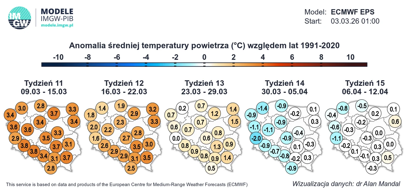 Mapa Polski podzielona na województwa ilustrująca anomalie średniej temperatury powietrza (°C) względem lat 1991-2020 na przestrzeni pięciu tygodni; kolory odcieni pomarańczowych wskazują na dodatnie anomalie w pierwszych trzech tygodniach, podczas gdy...