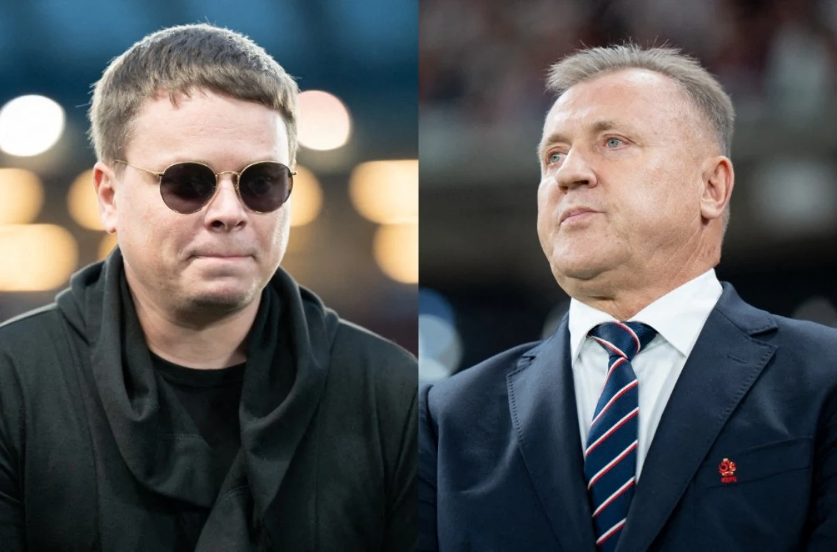 Jarosław Królewski grozi bojkotem. Cezary Kulesza interweniował ws. meczu Śląsk - Wisła Po lewej stronie znajduje się mężczyzna w okrągłych okularach przeciwsłonecznych i czarnym ubraniu, natomiast po prawej elegancko ubrany mężczyzna w garniturze, białej koszuli i krawacie w paski, na tle stadionu.