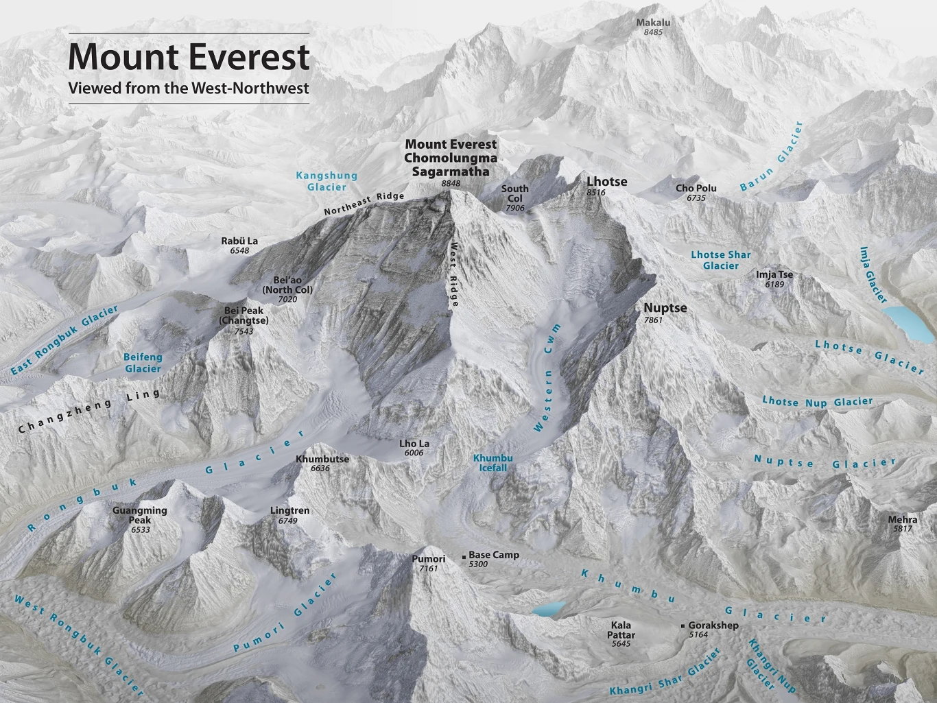 Trójwymiarowa mapa Mount Everestu Panorama masywu Mount Everest z czytelnym oznaczeniem szczytów, lodowców i ważnych punktów geograficznych takich jak Lhotse, Nuptse, Base Camp oraz główne trasy wspinaczkowe prowadzące na najwyższy szczyt świata.