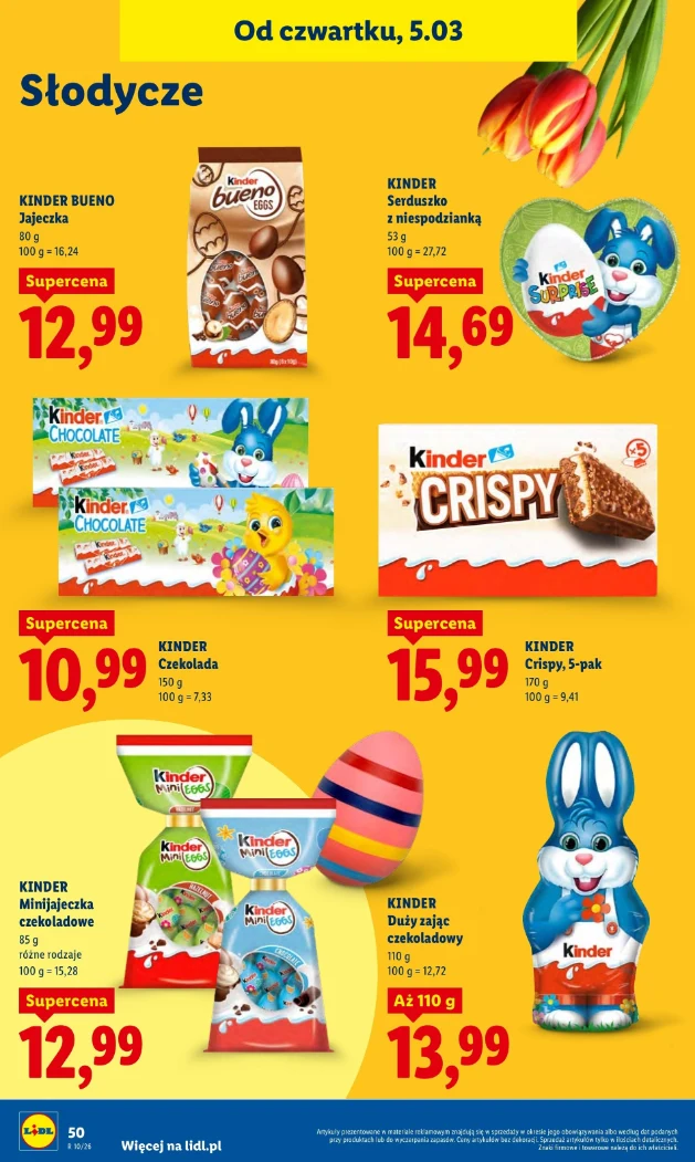 Kolorowa gazetka promocyjna Lidl prezentująca ofertę słodyczy marki Kinder na Wielkanoc, z wyraźnymi cenami i zdjęciami produktów takich jak czekoladowe jajka, zajączki, batony Kinder Bueno, Crispy, Kinder Chocolate, opakowania z wielkanocnymi motywami...