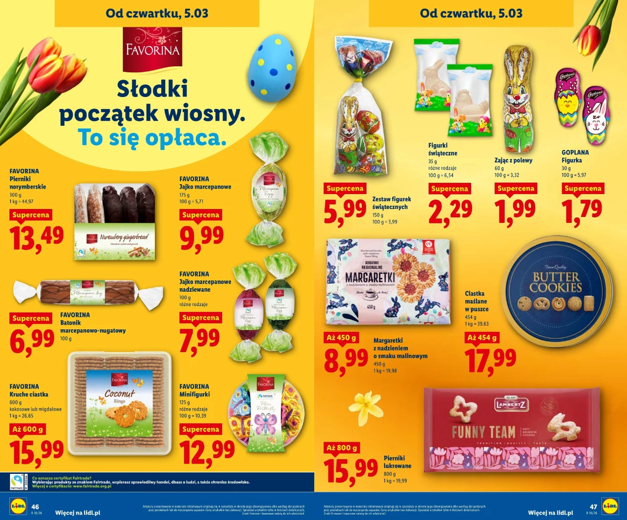 Kolorowa gazetka promocyjna z ofertą wielkanocnych słodyczy marki Favorina, obejmująca czekoladowe figurki, praliny, ciasteczka, margaretki, ciasteczka maślane oraz zestawy świąteczne z ozdobami w kształcie zajączków i jajek, na żółtym tle z elementami...