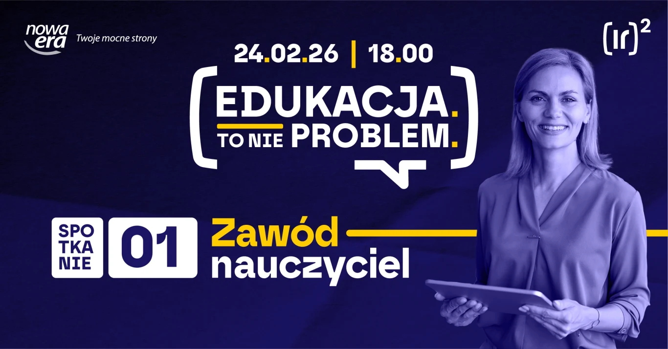 Uśmiechnięta kobieta trzymająca tablet na tle grafiki promującej wydarzenie edukacyjne z hasłem „Edukacja to nie problem”, datą 24.02.26 o godz. 18:00 oraz tytułem spotkania „Zawód nauczyciel”.