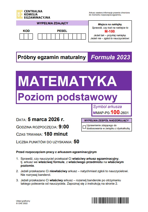 Arkusz próbnego egzaminu maturalnego z matematyki na poziomie podstawowym, formuła 2023, z wyraźnie zaznaczonymi danymi egzaminu: data 5 marca 2026, godzina rozpoczęcia 9:00, czas trwania 180 minut oraz maksymalna liczba punktów 50. Główne tytuły i naj...