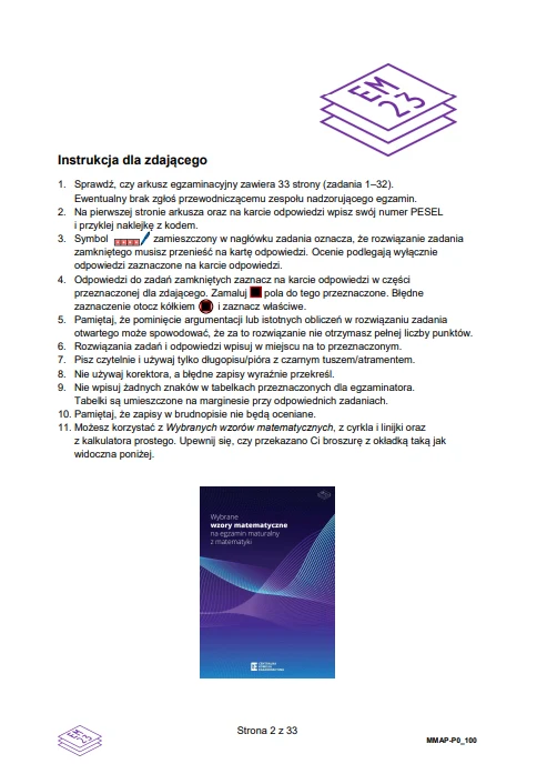 Strona z instrukcją dla zdającego egzamin, zawierającą listę szczegółowych wytycznych dotyczących wypełniania arkusza, zasad punktacji oraz zamieszczaniem odpowiedzi, a także graficzny logotyp na górze i obraz okładki arkusza egzaminacyjnego na dole st...