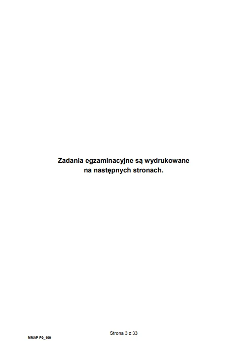 Czarny napis informujący o wydrukowaniu zadań egzaminacyjnych na kolejnych stronach, umieszczony centralnie na białym tle.