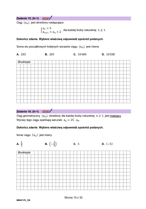 Fragment arkusza egzaminacyjnego z matematyki zawierający dwa zadania zamknięte dotyczące ciągów liczbowych, każde z czterema wariantami odpowiedzi, miejscem na obliczenia oraz kratkowanym polem roboczym oznaczonym jako 'Brudnopis'.