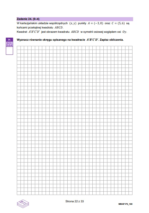 Fragment arkusza egzaminacyjnego z zadaniem matematycznym dotyczącym kwadratu w układzie współrzędnych oraz kratkowaną kartką służącą do rozwiązywania zadania; dominują tekst polecenia i siatka kratkowana, na której można przeprowadzić obliczenia i rys...