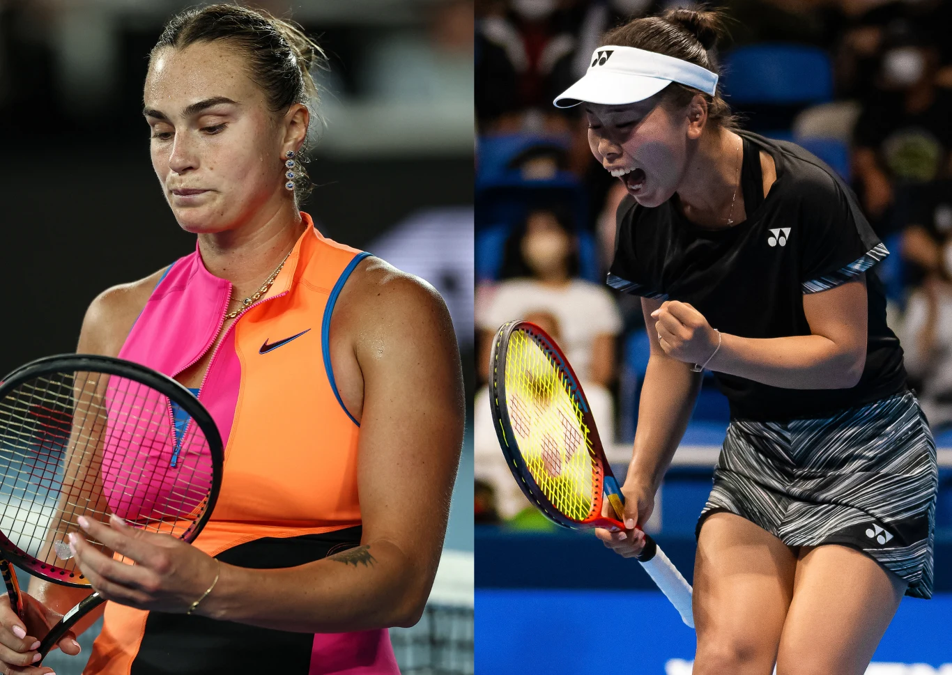 Po lewej stronie kobieta w sportowym stroju z rakietą tenisową patrzy w dół z poważnym wyrazem twarzy, po prawej zawodniczka w czarnej koszulce i jasnej spódnicy z uniesioną pięścią wyraża silne emocje na tle niebieskiego kortu tenisowego.