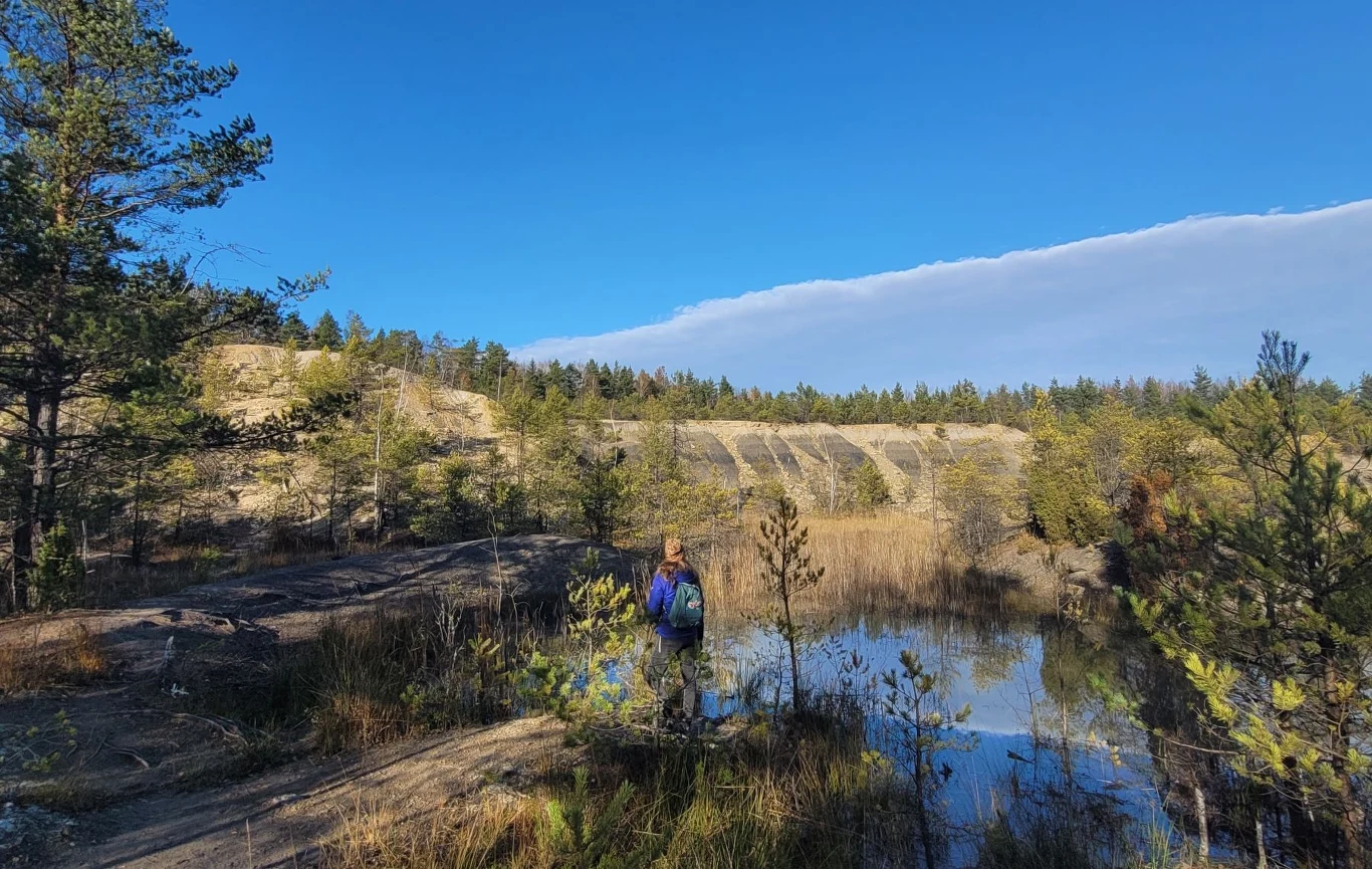 Księżycowe krajobrazy i tropy dinozaurów - to wszystko można znaleźć w rezerwacie Gagaty Sołtykowskie w woj. świętokrzyskim. Osoba w niebieskiej kurtce przy zbiorniku w rezerwacie Gagaty Sołtykowskie; w tle hałdy pokopalniane i roślinność.