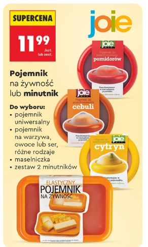 Zestaw elastycznych pojemników na żywność lub minutików marki Joie, w różnych kolorach i wersjach przeznaczonych do przechowywania pomidorów, cebuli, cytryn lub innych produktów spożywczych, z widoczną ceną promocyjną 11,99 zł oraz opcją wyboru pojemni...