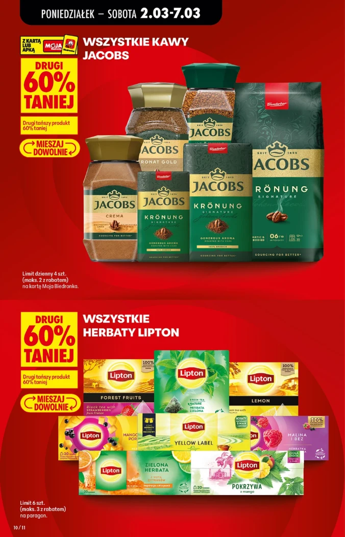 Promocja na kawy Jacobs w różnych opakowaniach oraz herbaty Lipton w szerokim asortymencie smaków, z wyróżnioną informacją o rabacie 60% na drugi produkt przy dowolnym łączeniu produktów.