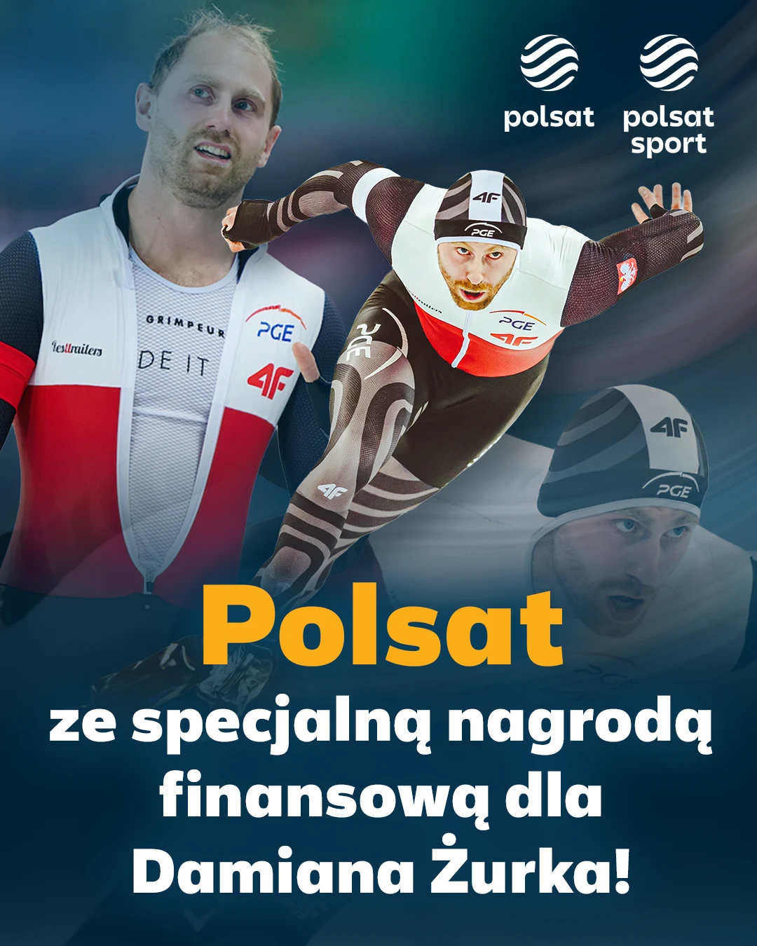Damian Żurek w stroju do łyżwiarstwa szybkiego podczas zawodów, dynamiczna sylwetka sportowca na torze, logo Polsat i Polsat Sport w górnym rogu, wyraźny napis informujący o specjalnej nagrodzie finansowej.