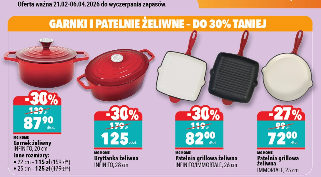 Czerwony żeliwny garnek z pokrywką, owalna brytfanka żeliwna oraz trzy rodzaje patelni grillowych żeliwnych: kwadratowa biała, kwadratowa czarna z żłobieniami i okrągła kremowa, wszystkie z czerwonymi rączkami, prezentowane z cenami promocyjnymi i opis...