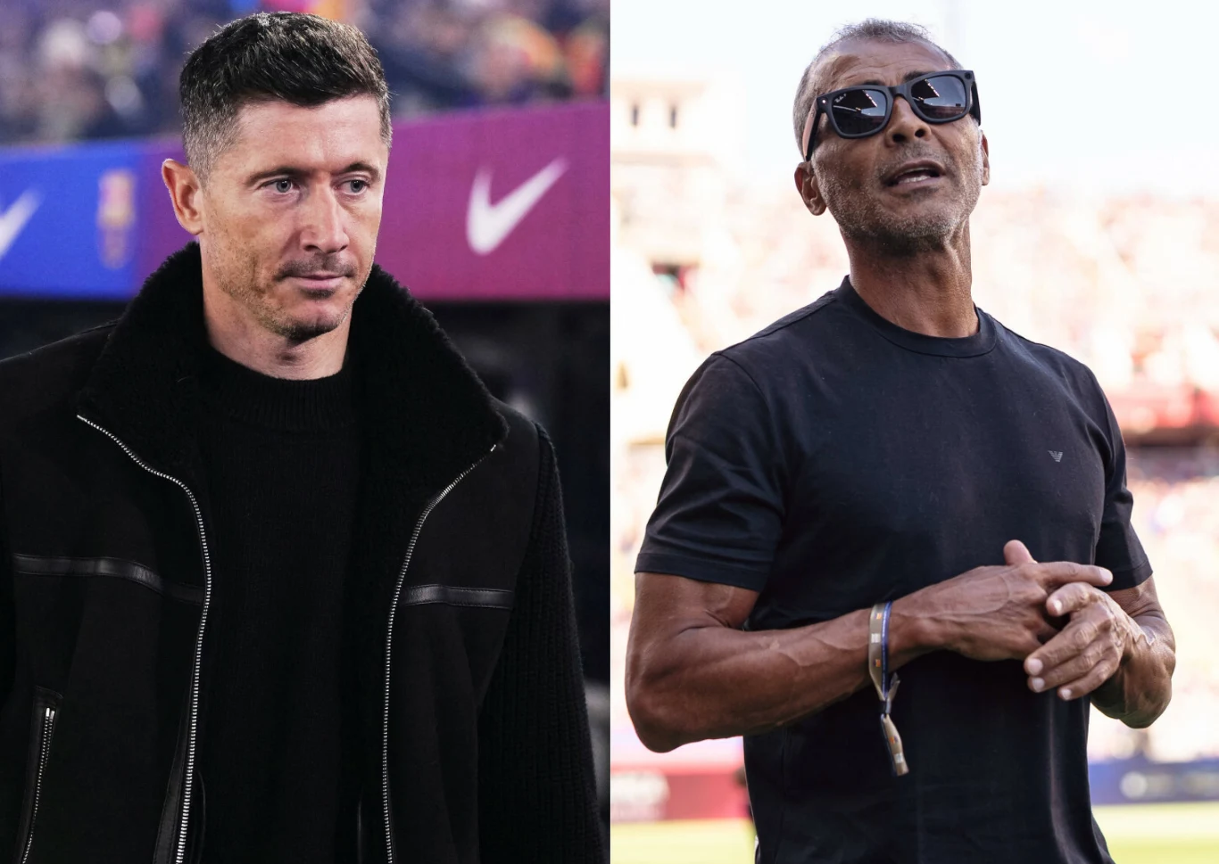 Dwaj mężczyźni uchwyceni w różnych sytuacjach – po lewej stronie mężczyzna o krótkich, ciemnych włosach w ciemnej kurtce na tle stadionu oraz kolorowych reklam; po prawej stronie mężczyzna w ciemnych okularach i czarnej koszulce gestykulujący rękami, w...