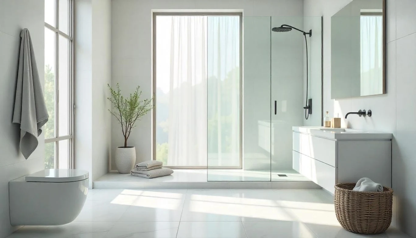 Nowoczesna, przestronna łazienka utrzymana w jasnej kolorystyce z dużym przeszkleniem, przeszklonym prysznicem, wolnostojącą umywalką z lustrem, wiszącą toaletą, rośliną w donicy na podłodze oraz wiklinowym koszem na pranie.