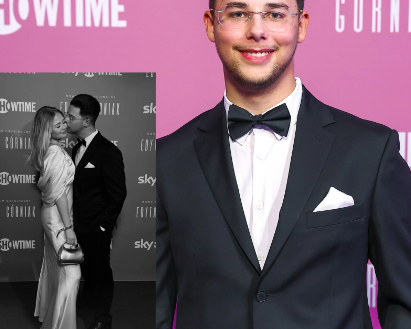 Mężczyzna w garniturze, z muchą pod szyją i białą poszetką, stoi na tle różowej ścianki z logotypami, szeroko uśmiechnięty, z założonymi okularami; w lewym dolnym rogu widoczna czarno-biała wstawka z parą elegancko ubranych osób obejmujących się i cału...