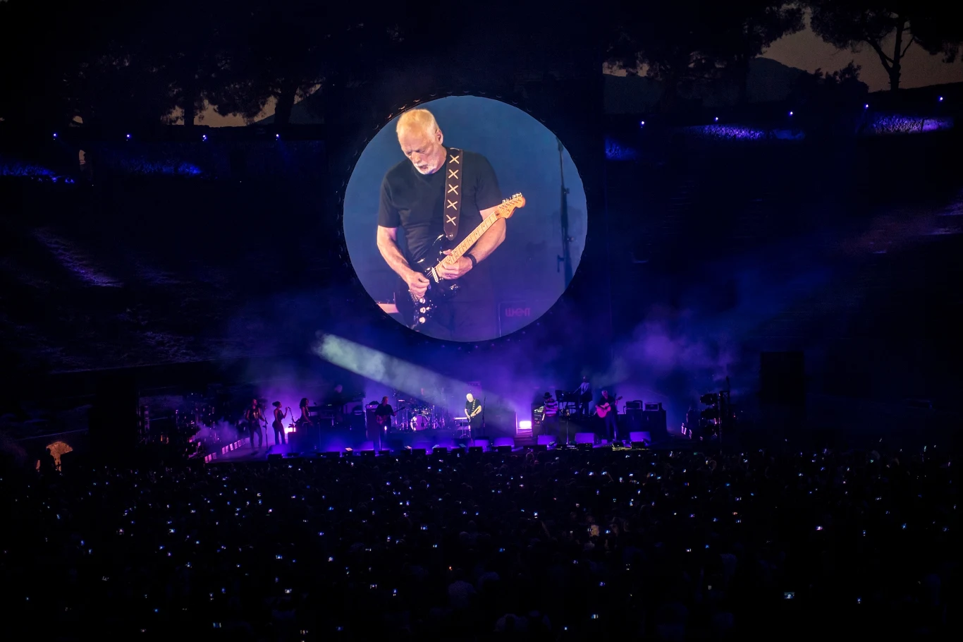 Koncert na dużej scenie z gitarzystą oświetlonym reflektorami, tłumem fanów trzymających telefony i dużym ekranem pokazującym zbliżenie muzyka na tle efektów świetlnych w fioletowo-niebieskich barwach.