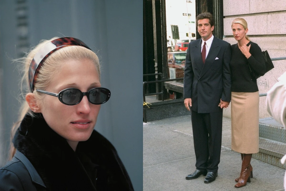 Blondynka z opaską na włosach i okularami przeciwsłonecznymi owalnego kształtu, ubrana w ciemny płaszcz, stoi na tle jasnej ściany; obok para elegancko ubranych osób trzymających się za ręce – mężczyzna w garniturze i kobieta w beżowej spódnicy, czarne...