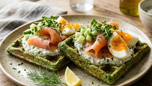 ​Poranny fenomen na zielono. Wytrawne gofry ze szpinakiem i łososiem według Karoliny Stolarskiej-Bigos