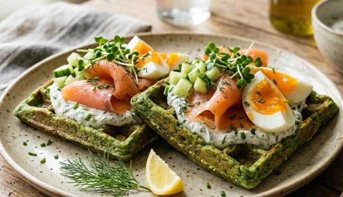 ​Poranny fenomen na zielono. Wytrawne gofry ze szpinakiem i łososiem według Karoliny Stolarskiej-Bigos