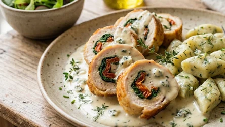 Roladki drobiowe ze szpinakiem w sosie z gorgonzoli