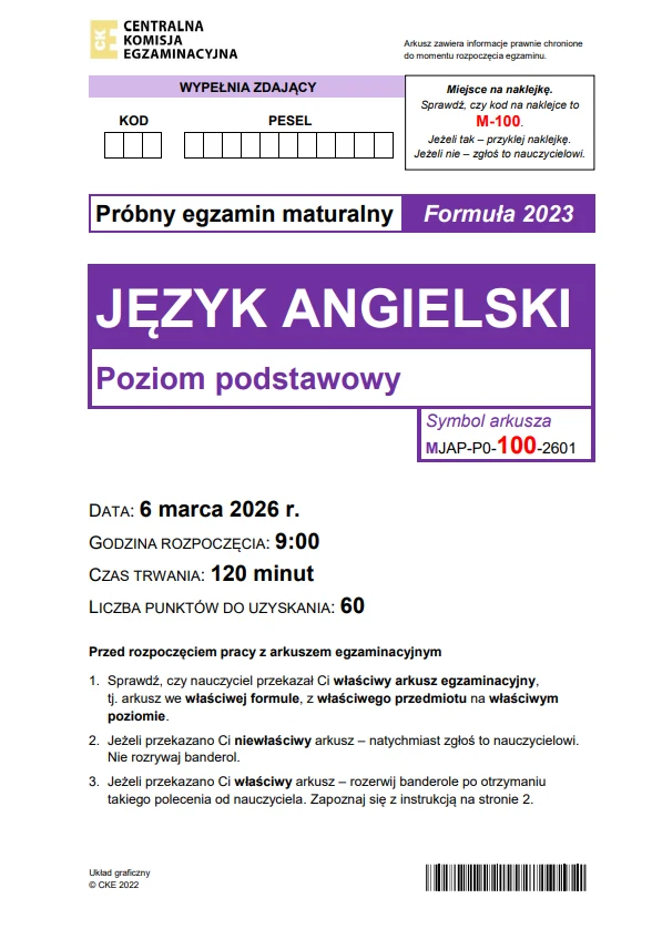 Arkusz egzaminacyjny próbnej matury z języka angielskiego na poziomie podstawowym z informacjami o dacie, godzinie rozpoczęcia, czasie trwania, maksymalnej liczbie punktów oraz instrukcjami dla zdającego na białym tle, z widocznymi polami na kod i PESE...