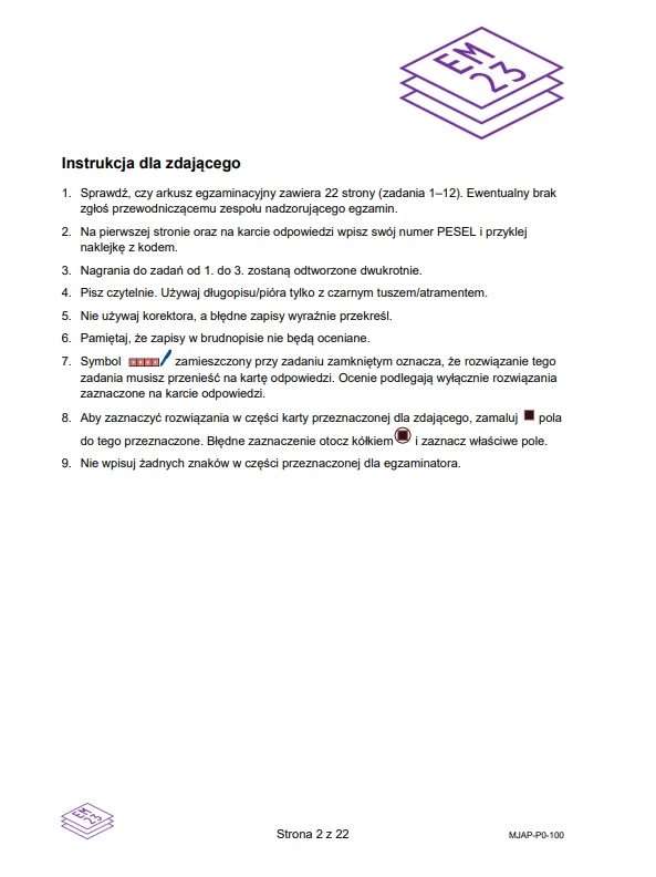 Instrukcja dla zdającego z dziewięcioma punktami dotyczącymi egzaminu, elementy graficzne z symbolem arkusza papieru z napisem 'Egzamin', podkreślenia i symbole graficzne zwracające uwagę na określone instrukcje, strona oznaczona jako 2 z 22.