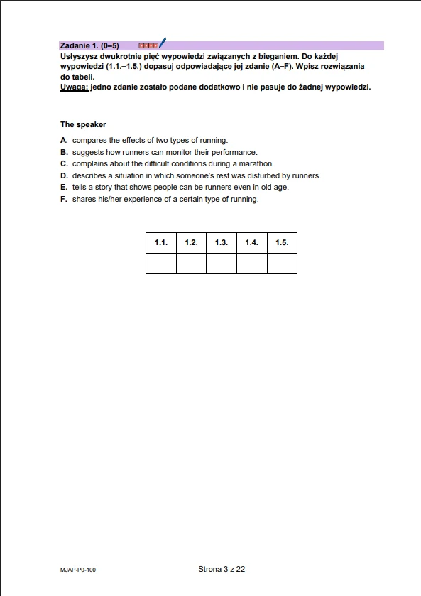 Fragment arkusza egzaminacyjnego z poleceniem dotyczącym dopasowania wypowiedzi o bieganiu do odpowiednich zdań oraz tabelą na odpowiedzi, wykonany w języku angielskim z instrukcją po polsku.