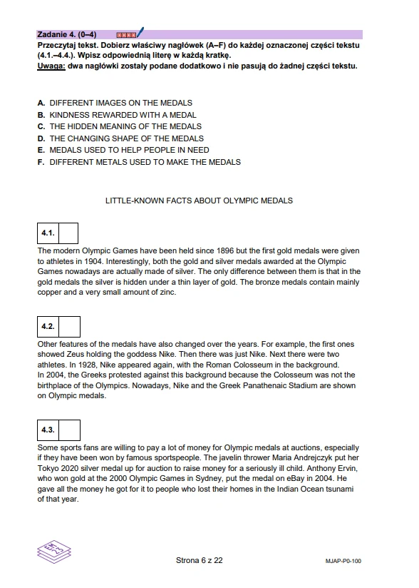 Strona z podręcznika edukacyjnego zawierająca polecenie do zadania, sześć możliwych nagłówków oraz trzy akapity tekstu w języku angielskim o medalach olimpijskich, z oznaczeniami miejsc do wpisania odpowiednich liter nagłówków dla każdego akapitu.