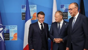 Spotkanie Trójkąta Weimarskiego w Gnieźnie. Na zdjęciu: Prezydent Francji Emmanuel Macron, premier Polski Donald Tusk i kanclerz Niemiec: Friedrich Merz