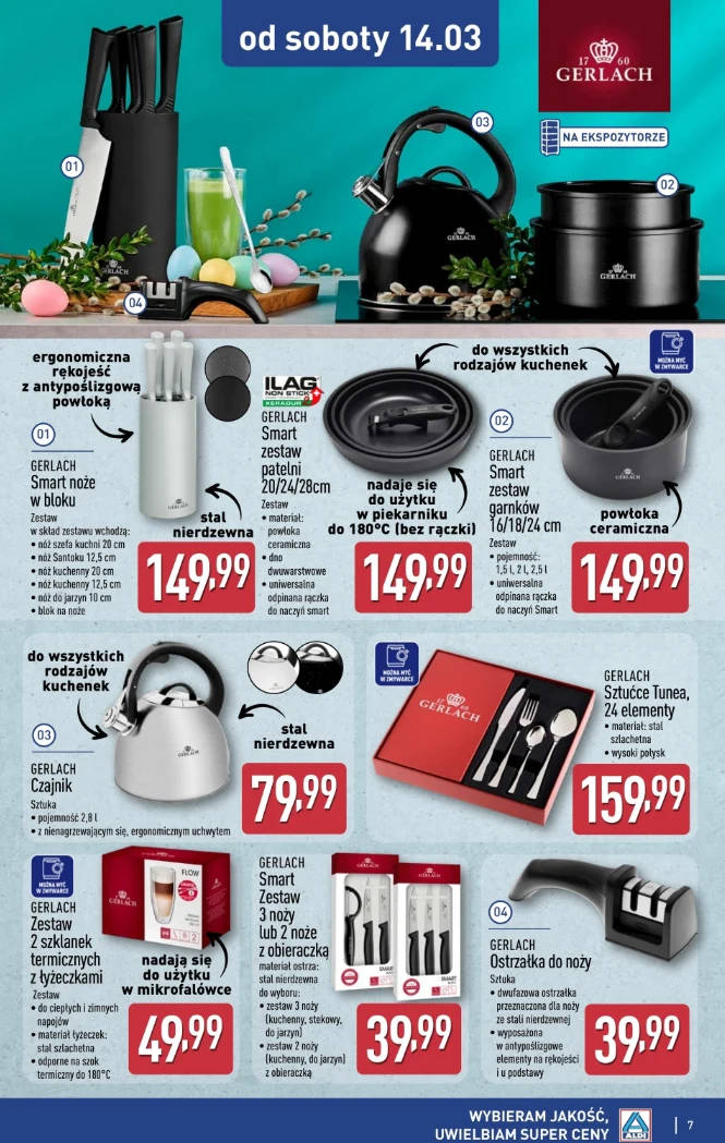 Zestawy kuchenne marki Gerlach, w tym czarny blok z nożami, czajnik, komplet garnków, stalowy czajnik, sztućce w ozdobnym pudełku, ostrzałka do noży oraz młynki do soli i pieprzu, prezentowane na kolorowym tle z wyraźnie widocznymi cenami promocyjnymi ...
