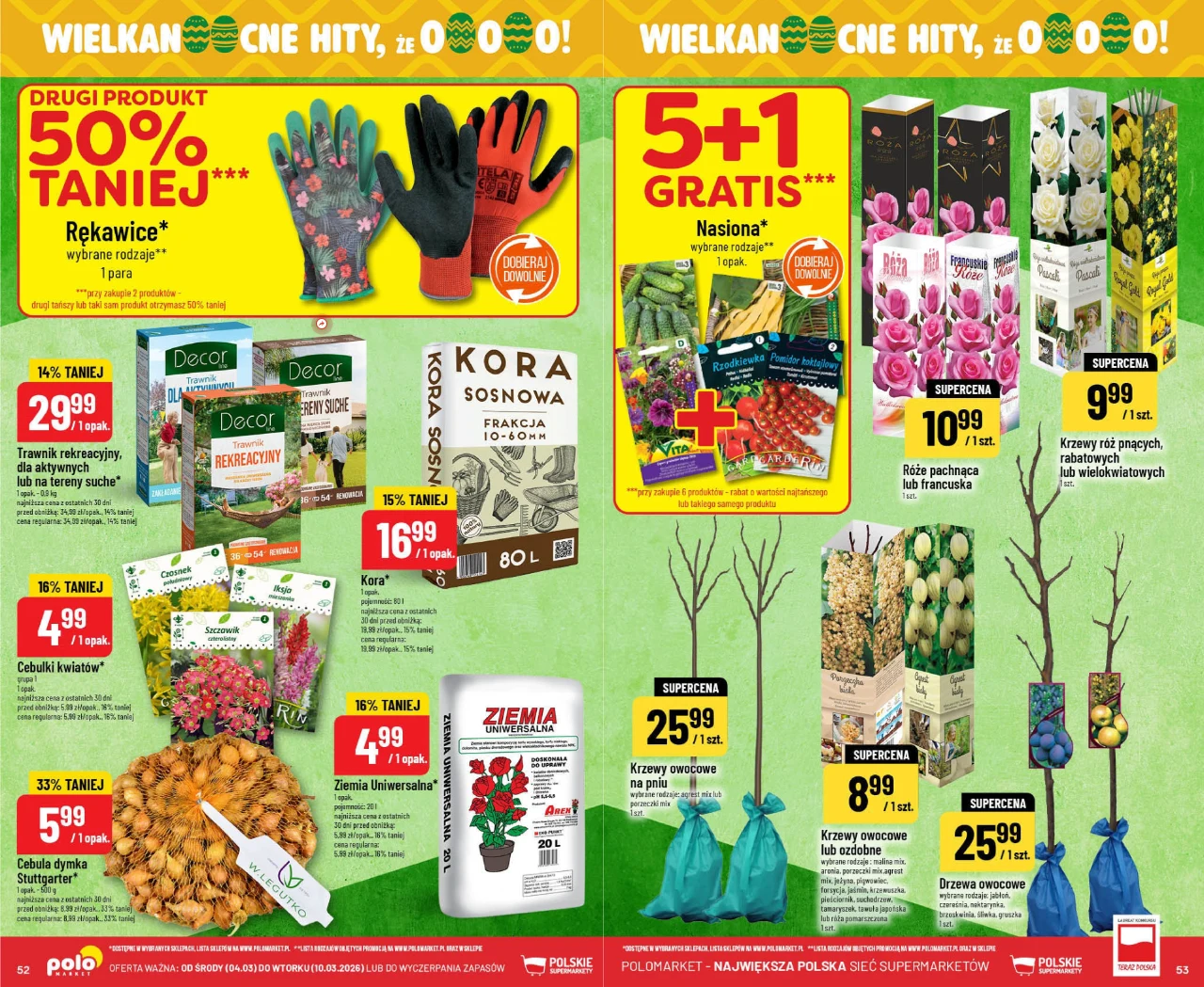 Reklama promocyjna produktów ogrodniczych z dominacją rękawic roboczych, nasion, cebulek kwiatowych, ziemi ogrodniczej, kory sosnowej oraz drzewek owocowych i kwiatów, z wyróżnionymi ofertami „drugi produkt 50% taniej” oraz „5+1 gratis” na tle zielono-...