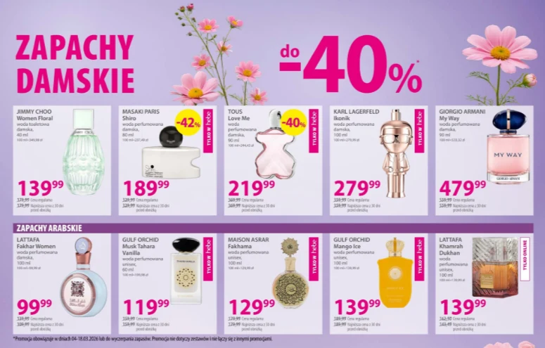 Różnorodne damskie perfumy znanych marek ułożone w rzędach na fioletowym tle, z wyraźnym napisem promocyjnym 'do -40%' oraz różowymi kwiatami jako elementami dekoracyjnymi.