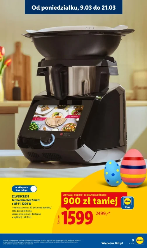 Wielofunkcyjny robot kuchenny z dużą misą i kolorowym panelem dotykowym prezentowany na kuchennym blacie, uzupełniony kolorowymi pisankami po prawej stronie oraz wyraźną informacją o promocji cenowej i ofercie aplikacji Lidl Plus.