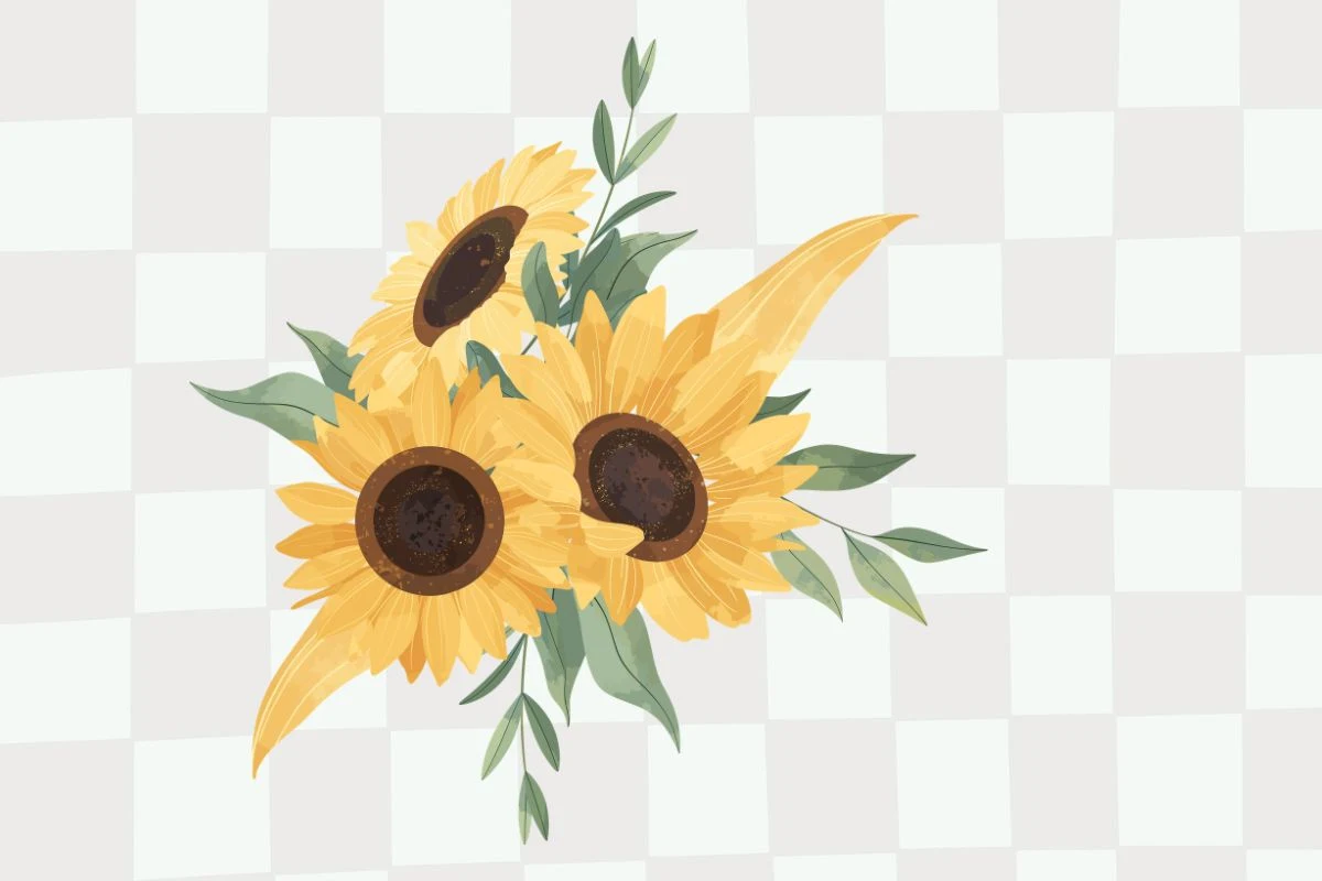 Trzy słoneczniki z dużymi, żółtymi płatkami i ciemnymi środkami otoczone zielonymi liśćmi na jasnym tle w kratę.