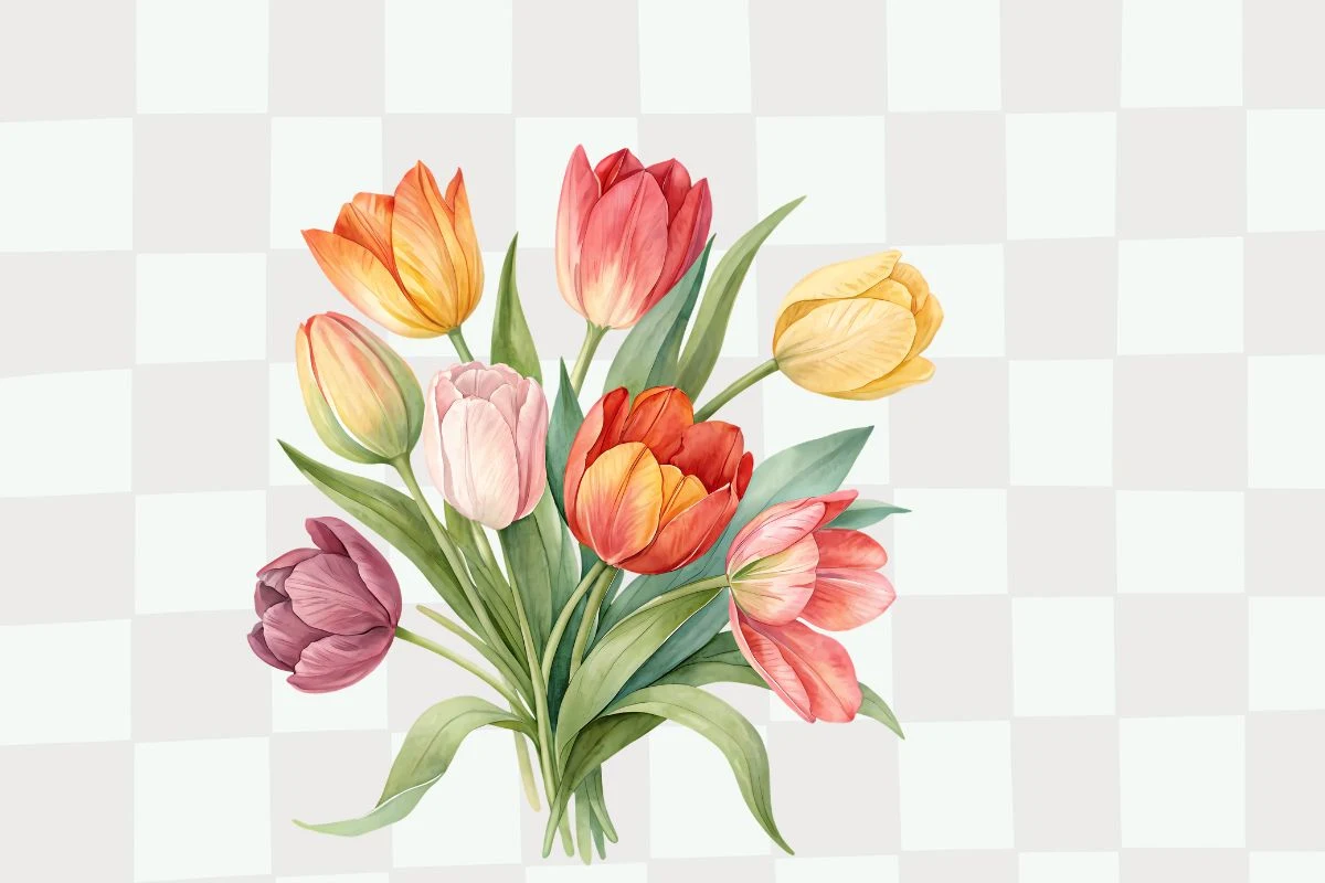 Bukiet wielokolorowych tulipanów z zielonymi liśćmi na jasnym tle w kratkę.