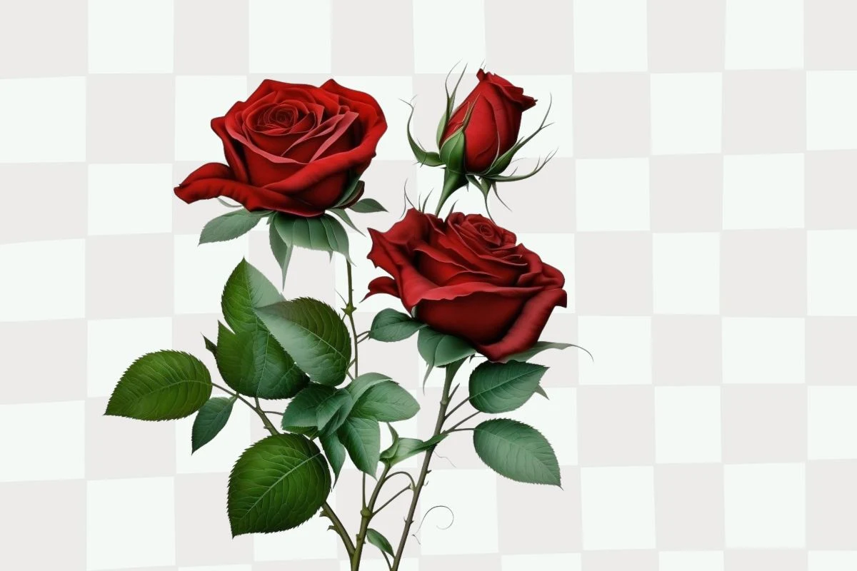 Trzy czerwone róże na jednej łodydze, dwie w pełnym rozkwicie i jeden pąk, otoczone ciemnozielonymi, błyszczącymi liśćmi na tle jasnej szachownicy.