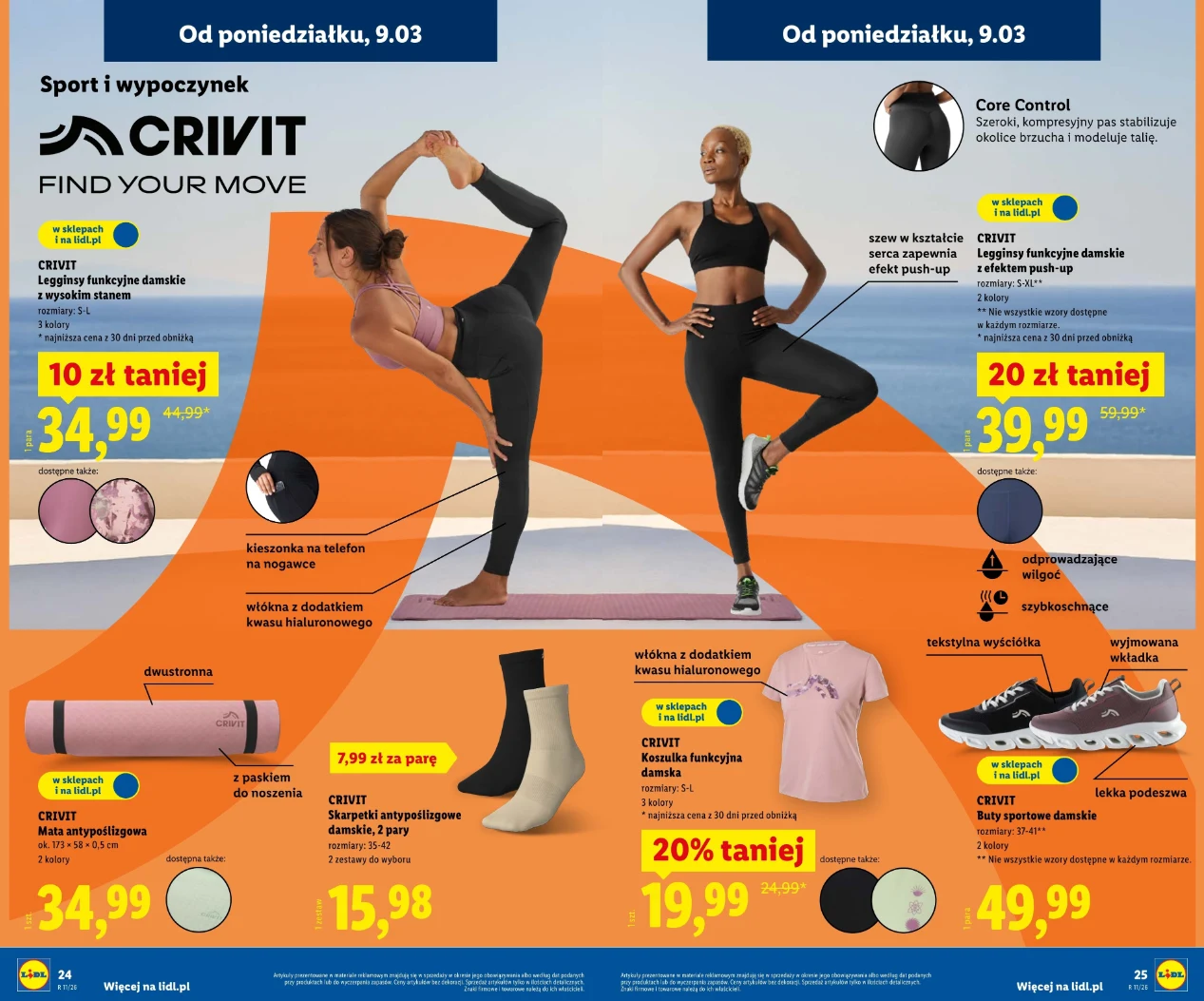 Dwie kobiety ćwiczące jogę na macie w sportowych ubraniach na tle jasnopomarańczowej grafik, otoczone prezentacją produktów sportowych Crivit, takich jak legginsy, mata do ćwiczeń, skarpetki, buty sportowe i koszulka, z wyraźnymi cenami promocyjnymi i ...