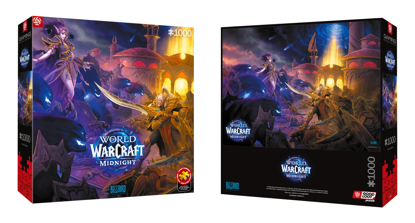 Fantastyczna scena z gry World of Warcraft: Midnight, przedstawiająca wojowniczkę elfów nocnych w zbroi, trzymającą miecz i magię, w otoczeniu tajemniczych, świecących budynków oraz dramatycznego, magicznego nieba nad elfickim miastem.