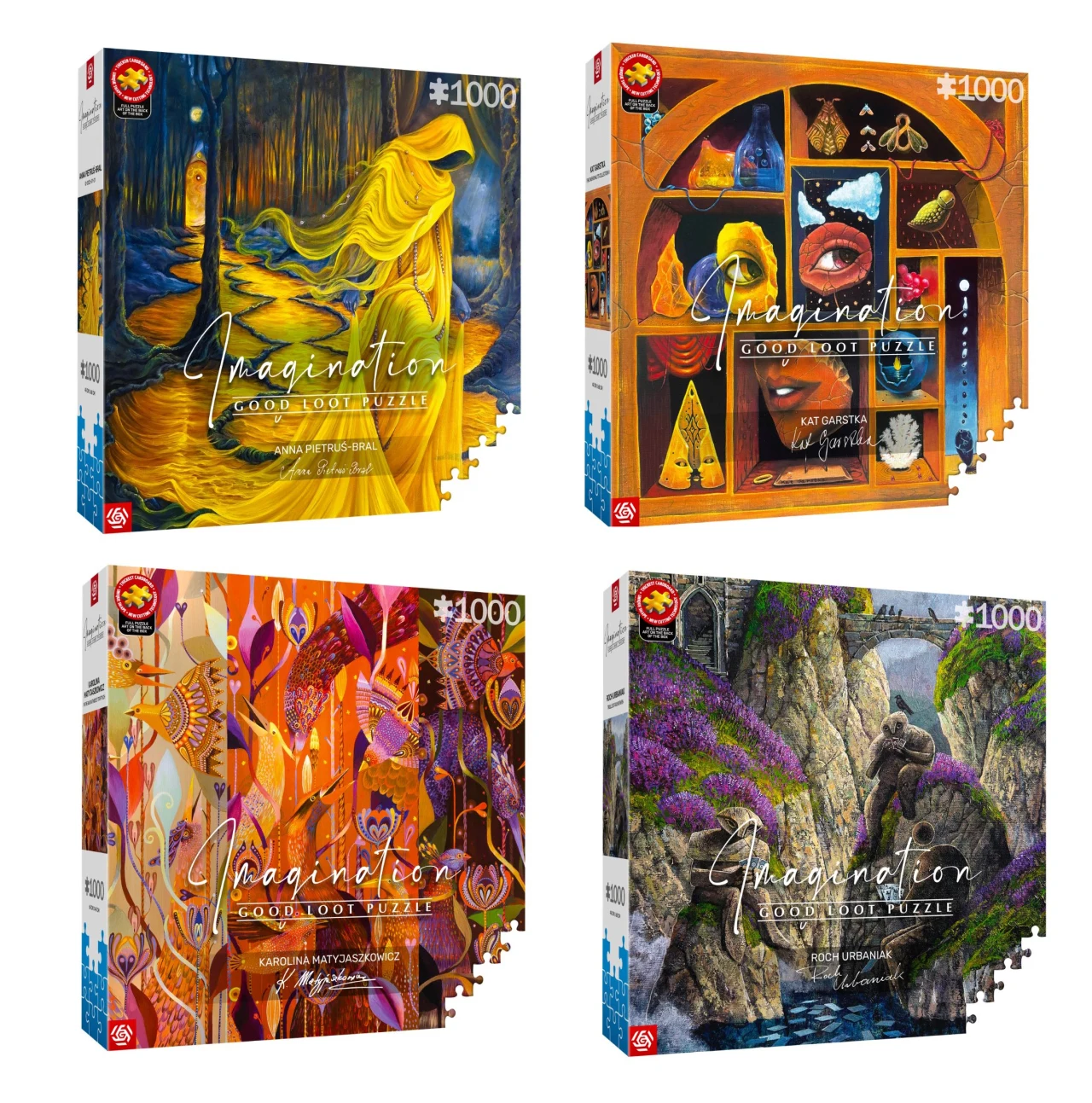 Cztery pudełka puzzli z serii Imagination, każde z unikalną ilustracją na okładce: kobieta w żółtej sukni na tle nocnego krajobrazu, surrealistyczne kompozycje z półkami i symbolami, abstrakcyjne formy i kolory przypominające ogień oraz postać siedząca...