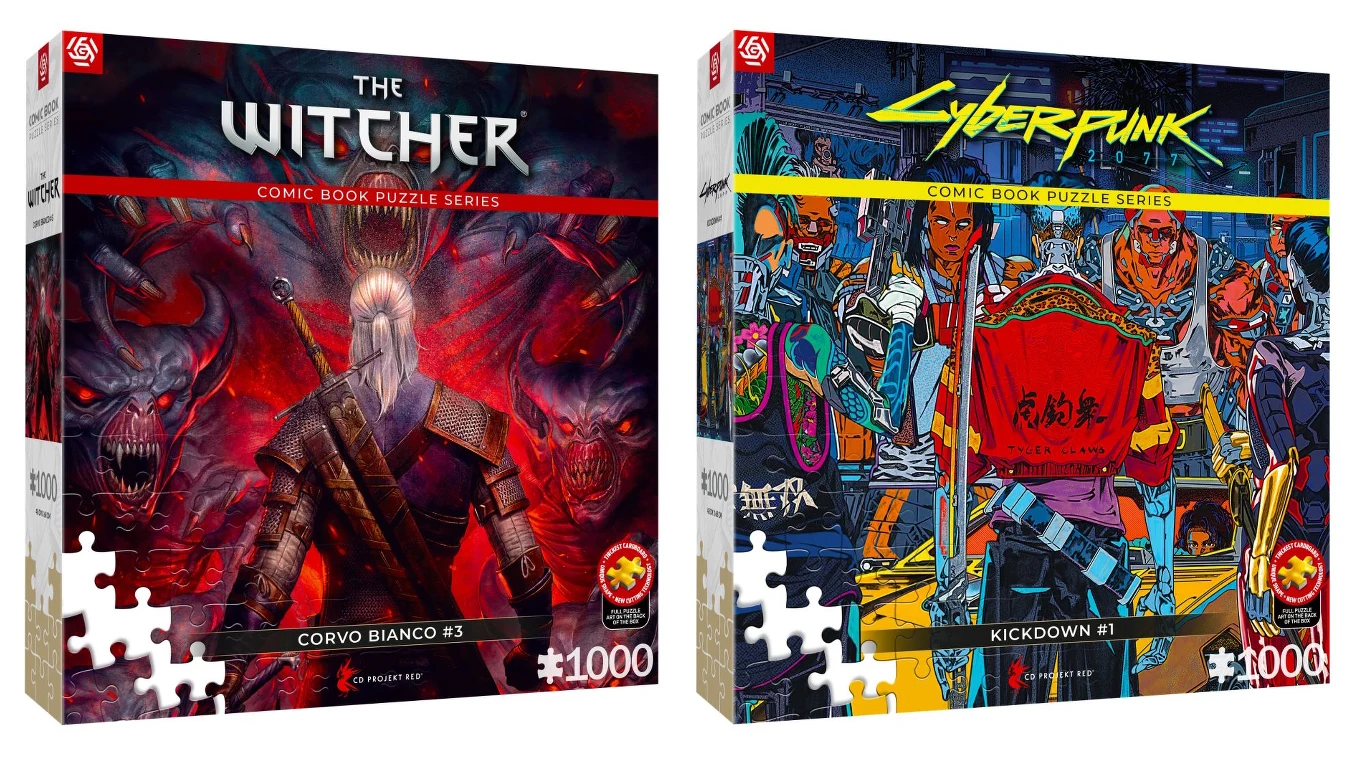 Dwa pudełka puzzli o tematyce komiksowej, jedno z motywem Wiedźmina przedstawiającym sylwetkę Geralta z mieczami na tle groźnych potworów, drugie z motywem Cyberpunk przedstawiającym barwną futurystyczną scenę z postaciami i neonami; oba zestawy mają p...