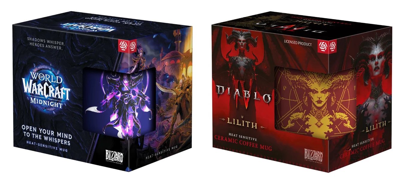 Dwa pudełka promocyjne z motywami gier World of Warcraft: Midnight oraz Diablo IV: Lilith, z wyraźnymi grafikami przedstawiającymi postaci z obu tytułów, logotypami gier i producenta Blizzard Entertainment, utrzymane w charakterystycznych kolorach oraz...