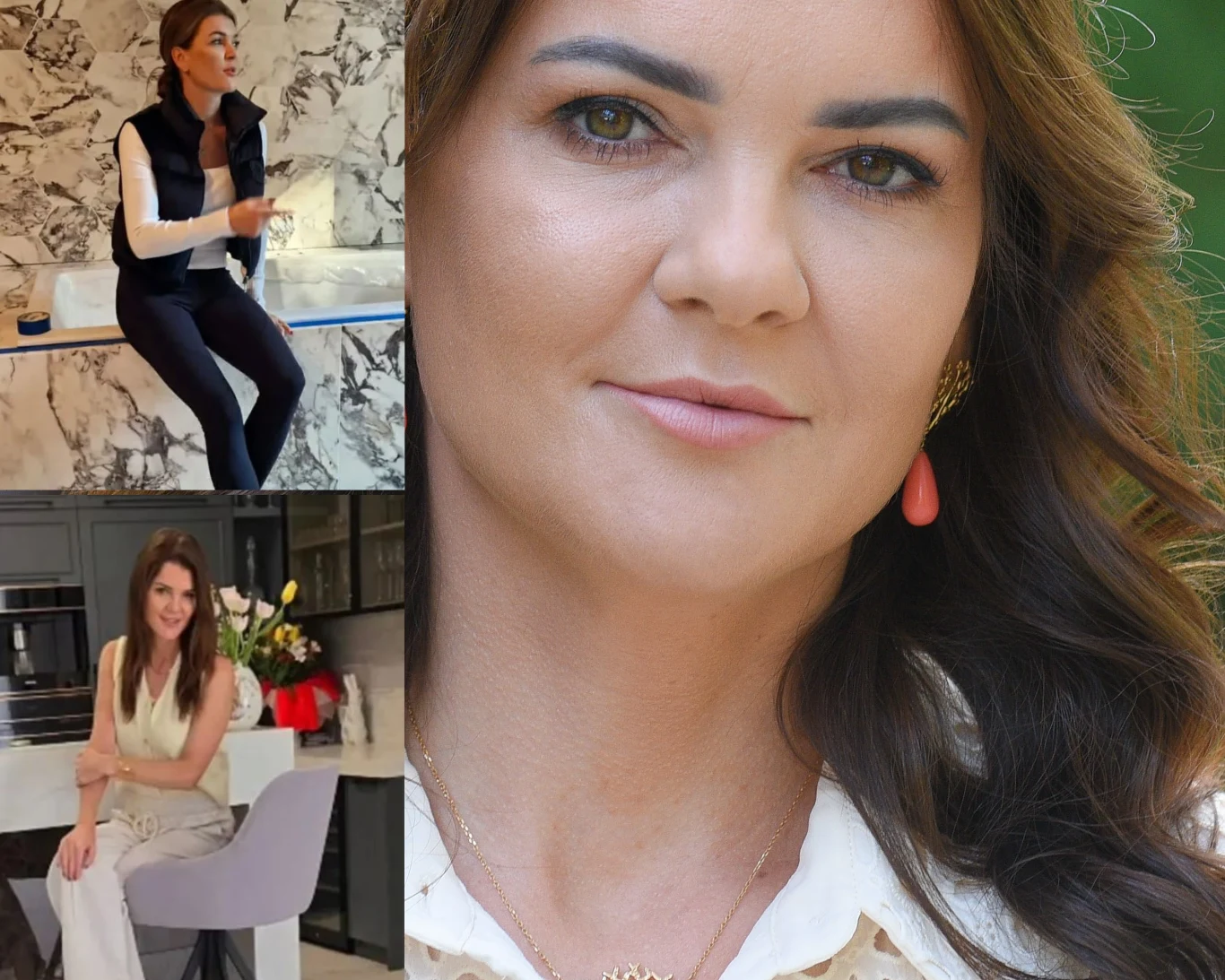 Kobieta o długich, brązowych włosach w eleganckim makijażu, widoczna na zbliżeniu oraz na dwóch mniejszych ujęciach siedząca w nowoczesnych, jasnych wnętrzach z marmurowymi i kuchennymi elementami, ubrana w sportowy strój oraz elegancki zestaw, z bukie...