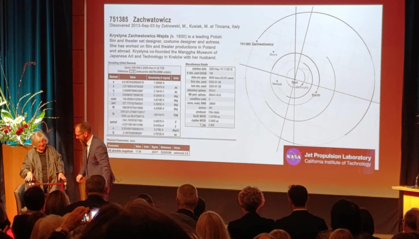 Duży ekran prezentujący informacje o planetoidzie i osobie Krystynie Zachwatowicz, z danymi oraz wykresem orbitalnym, logo Jet Propulsion Laboratory w prawym dolnym rogu; na scenie przy ekranie dwie osoby, jedna z nich starsza, druga pomaga jej zejść, ...