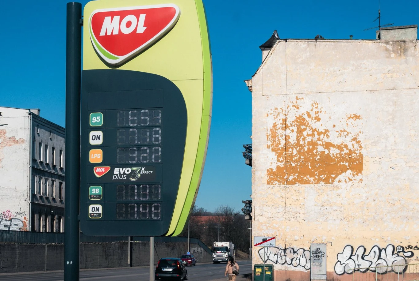 Ceny paliw na stacji MOL Stacja paliw MOL z dużym, zielonym słupem cenowym na pierwszym planie, na którym widoczne są ceny paliw, w tle zaniedbany budynek z odpadającym tynkiem oraz graffiti na ścianie, a na ulicy przejeżdżają samochody.
