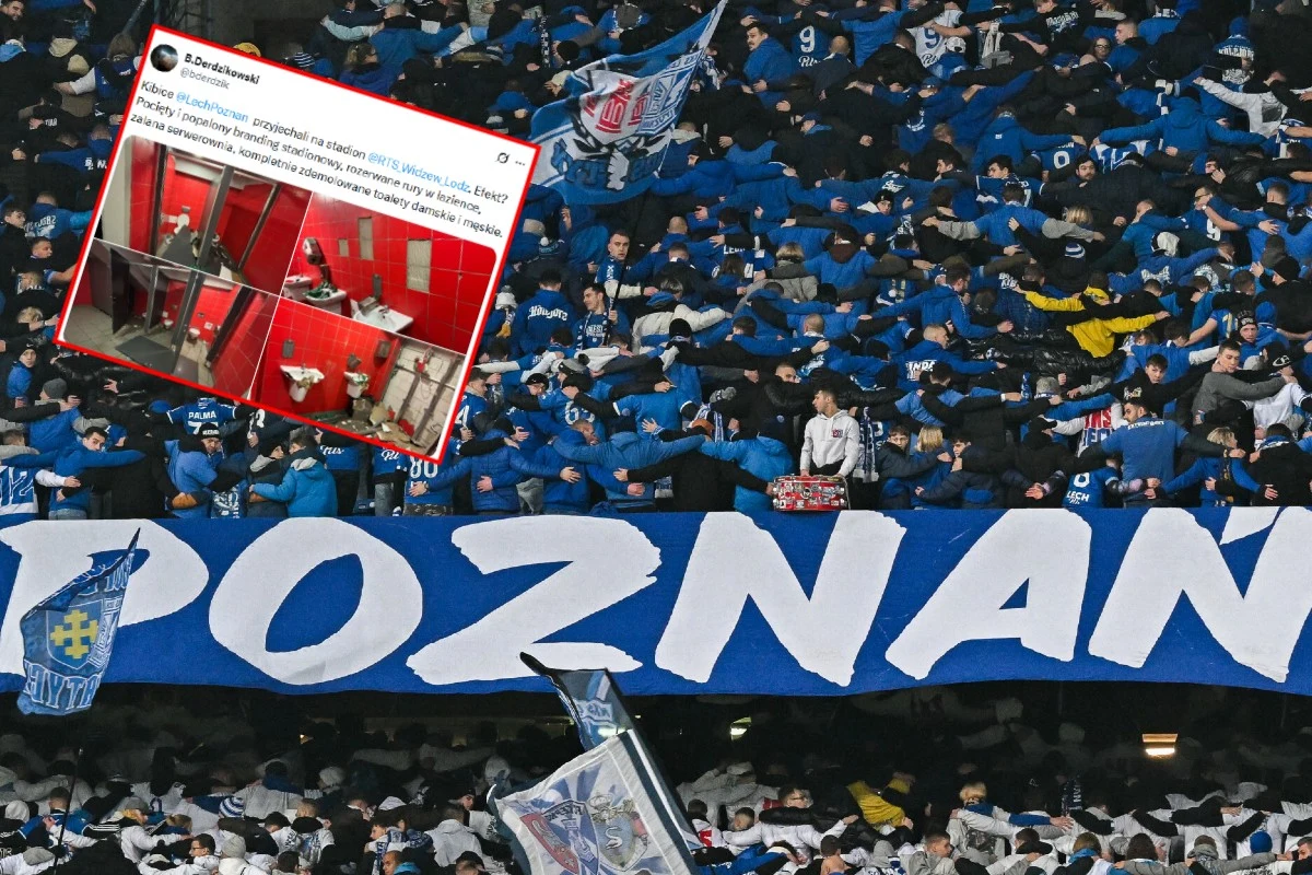 Tłum kibiców w niebieskich barwach na stadionie, duży transparent z napisem 'POZNAŃ', w tle widoczny wklejony zrzut ekranu z mediów społecznościowych pokazujący zniszczone toalety w czerwonych wnętrzach.