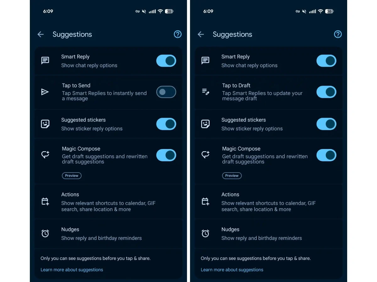 Ekran ustawień aplikacji w trybie ciemnym z dwiema zakładkami, prezentujący włączone i wyłączone opcje funkcji takich jak Smart Reply, Tap to Send, Suggested stickers, Magic Compose, Actions oraz Nudges; po lewej stronie wszystkie funkcje poza Tap to S...